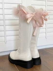 1雙等於2雙!可拆卸貂毛設計女士過膝靴,白/粉色,冬季 - 白色 - 查看 8