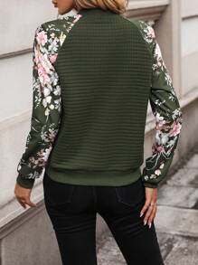 SHEIN LUNE 女款花卉印花短飛行員夾克 - 軍綠色 - 查看 2