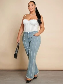SHEIN BAE 女士加大碼毛絨斜紋牛仔喇叭褲 - 灰色 - 查看 1