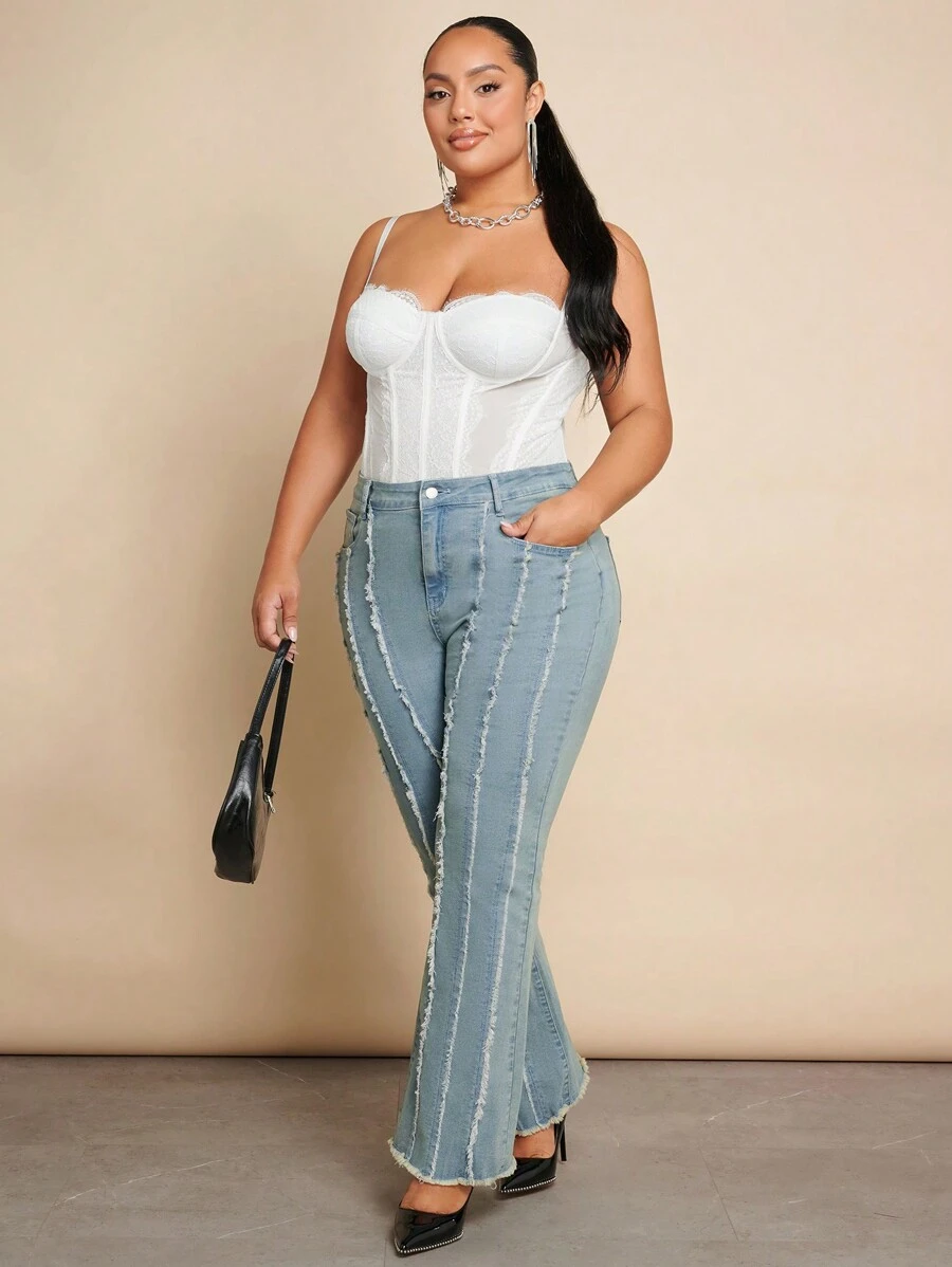 SHEIN BAE 女士加大碼毛絨斜紋牛仔喇叭褲 - 灰色 - 查看 1