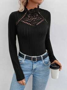 SHEIN Clasi Áo thun bó lót ren giữ nhiệt - màu đen - Xem 3
