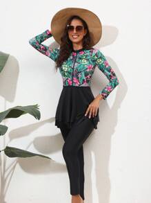 Swim Mulvari Women's Contrast Tropical Printed Burkini Swimsuit, For Summer Beach Vacation - Multicolor - View 3