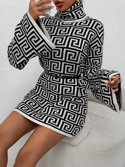 Full Printed Geometric Pattern Cool High Collar Women's Knit Pullover Fall Winter Sweater