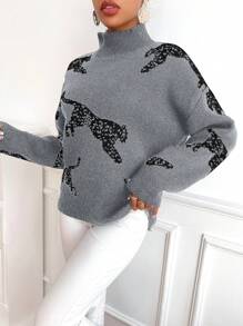 SHEIN Essnce Suéter De Patrón Animal Con Cuello De Soporte Y Mangas De Caída En Hombros