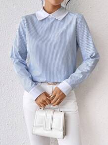 SHEIN Clasi Của phụ nữ Sọc dọc Vòng cổ Áo sơ mi - Màu xanh lam - Xem 1