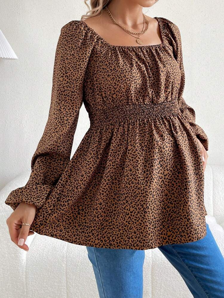 Women’s Maternity Wrap Leopard Print Square Neckline Flare Sleeve Waist Tie Shirt