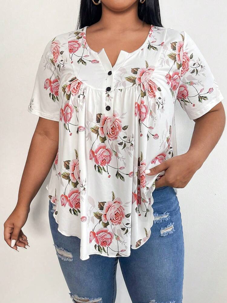 Plus Floral Print Half Button Tee