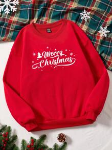 SHEIN EZwear 大碼聖誕圖案加絨內裏運動衫 - 紅色 - 查看 1