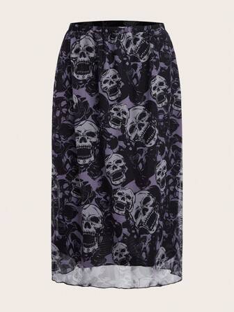 Women's Elastic Waist Casual Fashionable Skull All-Over Print A-Line Long Skirt