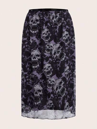 Jupe longue évasée mode décontractée pour femmes, taille élastique, imprimé tout-sur-tête de mort