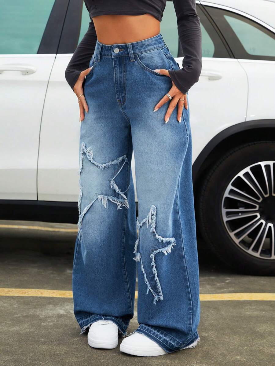 SHEIN ICON Women's Loose Fit Jeans With Star Pattern Print - Blue - View 1