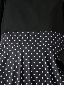 SHEIN Áo dài chấm bi cổ tròn tay dài thanh lịch & trí tuệ cho cô gái tuổi teen mùa Xuân/Thu - Đen và trắng - Xem 4