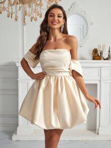 SHEIN Belle Strapless Off Shoulder Pleated Sleeve Flower Hem Women's Cocktail Dress - Mauve Purple - View 5