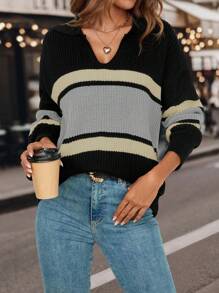 SHEIN LUNE Color Block Sweater With Cut-Out Neckline Knit Pullover Fall Winter Sweater - Multicolor - View 1