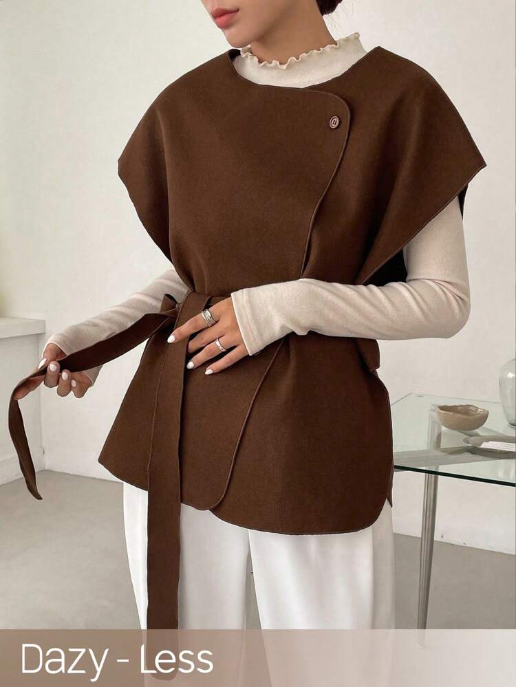 Casual Solid Color Jacket, Autumn/Winter, Ladies Spring/Fall Casual Belted, Button Batwing Sleeve Round Neck Loose Brown Plain Women Overcoats, Casual Daily Wear