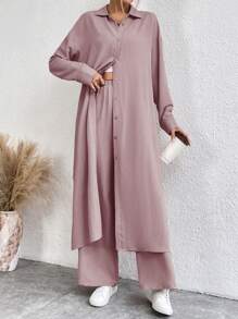 SHEIN LUNE Solid Color Drop Shoulder Long Shirt And Wide Leg Pants Two-Piece Set - Pink - View 5