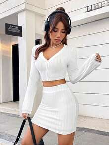 SHEIN Qutie Của phụ nữ Đơn giản giản dị Cổ chữ V Áo len Mở Và Bộ váy - trắng - Xem 6