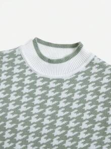 SHEIN Young Girl Houndstooth Pattern Mock Neck Sweater Dress - Green - View 3