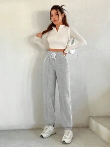 Muchica 撞色飾邊側條紋抽繩腰部慢跑褲 - 灰色 - 查看 6