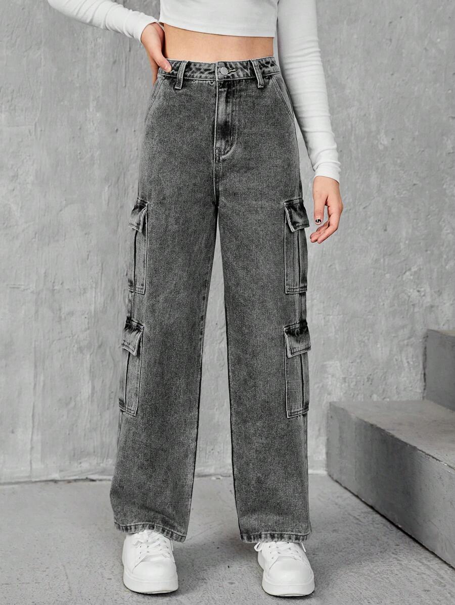 SHEIN Pantalones Vaqueros Con Bolsillos De Estilo De Ropa De Trabajo Para Adolescentes - Gris Oscuro - Ver 1