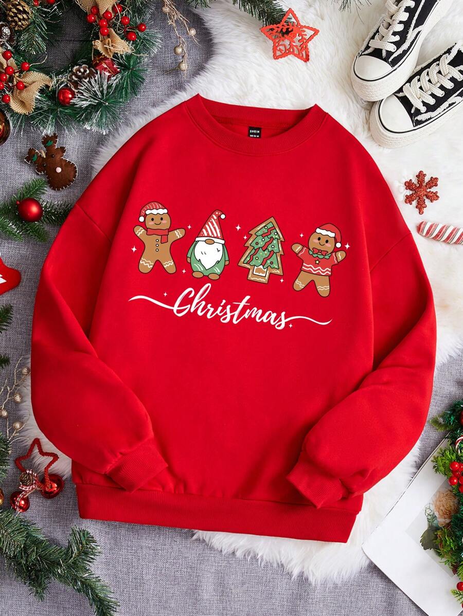 SHEIN LUNE Của phụ nữ Giáng sinh In Lông cừu Áo nỉ - Đỏ - Xem 1