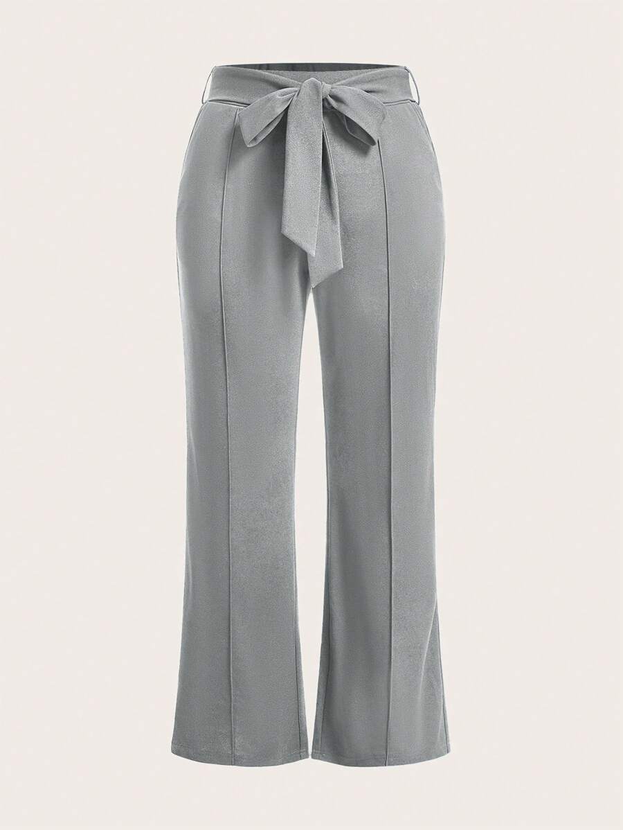 SHEIN LUNE Plus Size Shirt With Waist Belt Pants - Grey - View 1
