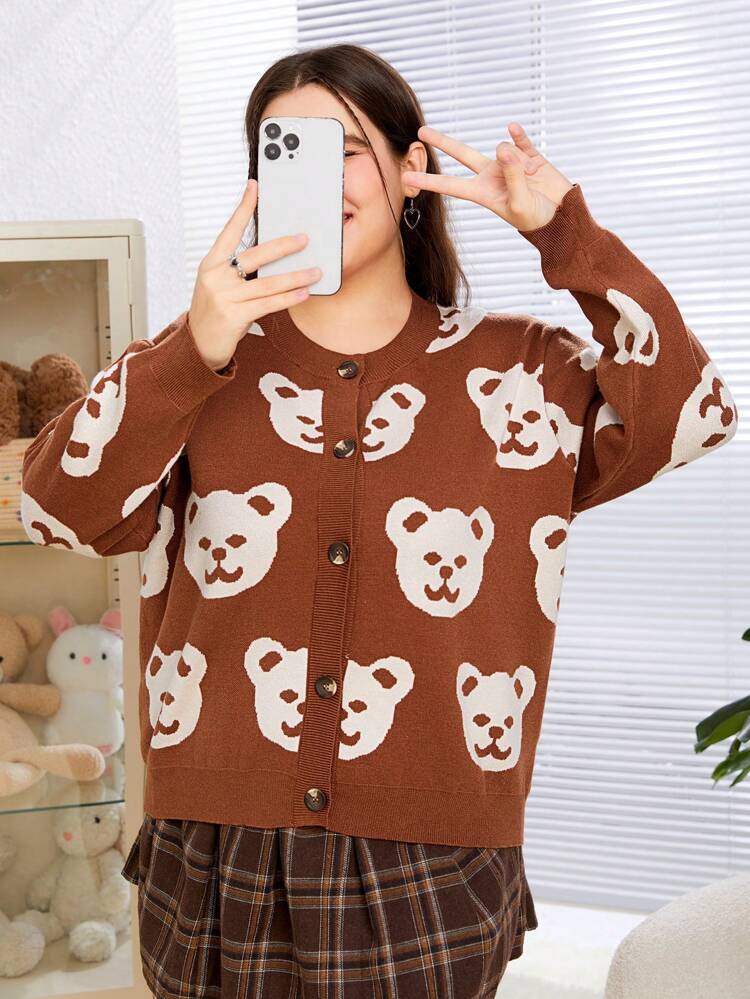 Plus Size Cardigan With Teddy Bear Pattern