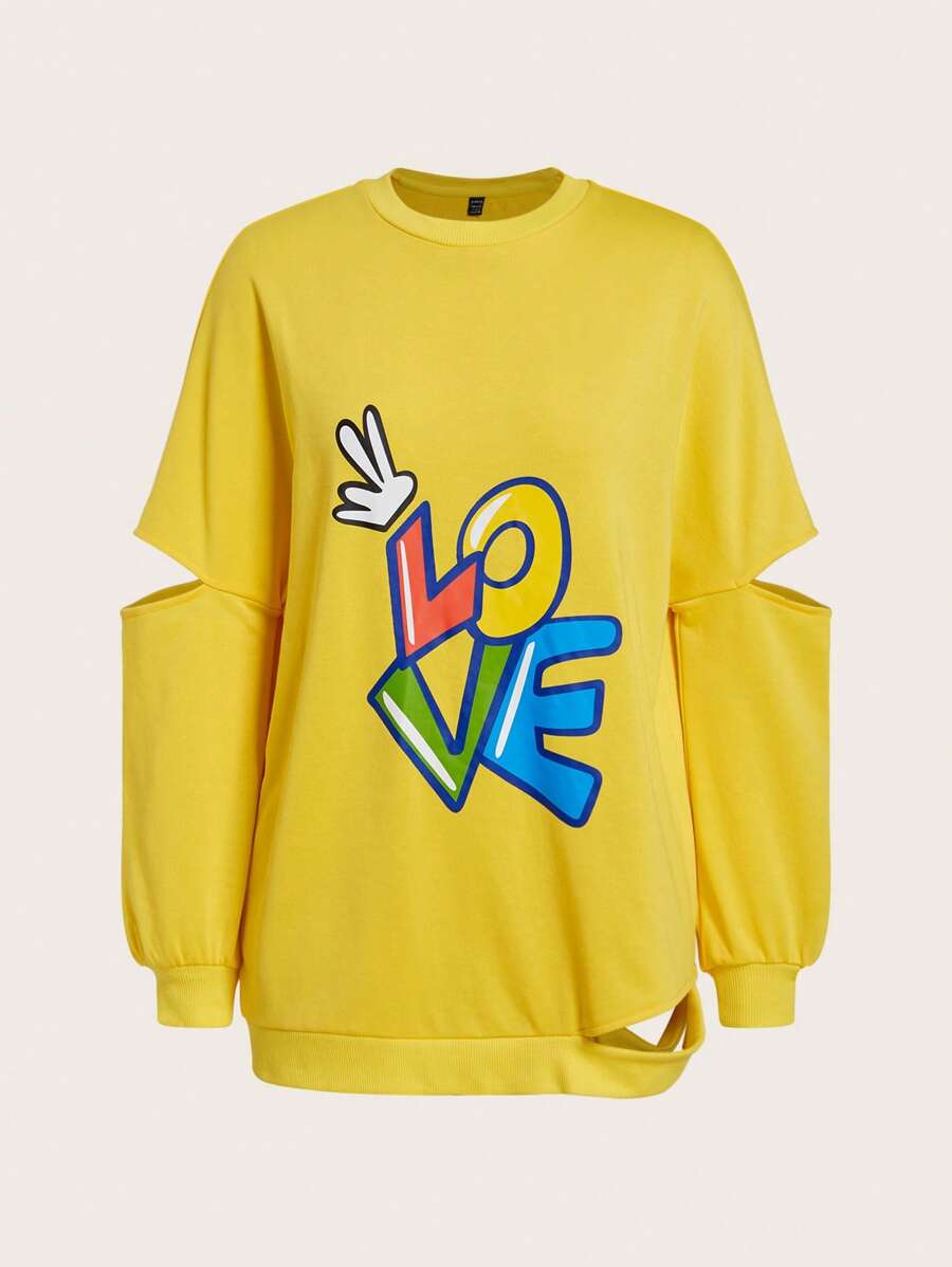 SHEINNeu Letter Graphic Cut Out Drop Shoulder Sweatshirt - Yellow - View 1