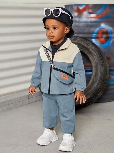 Baby Boys' Outdoor Sports Wear Color Block Jacket & Pants Set With Sporty Letter Printed Waist Bag