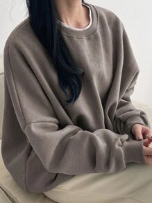 DAZY Women's Solid Color Loose Fit Sweatshirt - Khaki - View 1