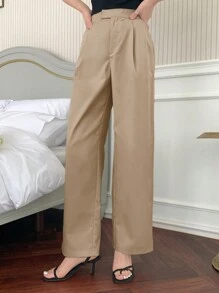 DAZY 女士纯色褶皱阔腿宽松休闲裤，商务休闲，女士正装裤，返校服，教师裤 - 卡其色 - 查看 3