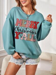SHEIN LUNE Sudadera De Patrón Navideño Con Ajuste Holgado Para Mujer - Verde - Ver 1