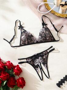 SHEIN Women's Leopard Print Sexy Lingerie Set - Black - View 3