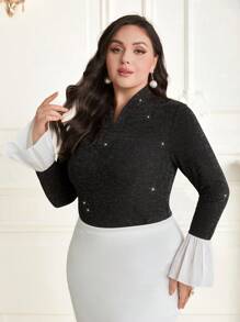 Modelyn Plus Size Color Block Bell Sleeve T-shirt
