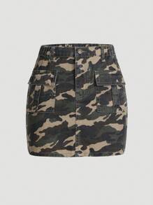 Teen Girls' Camouflage Print Denim Skirt - Army Green - View 1