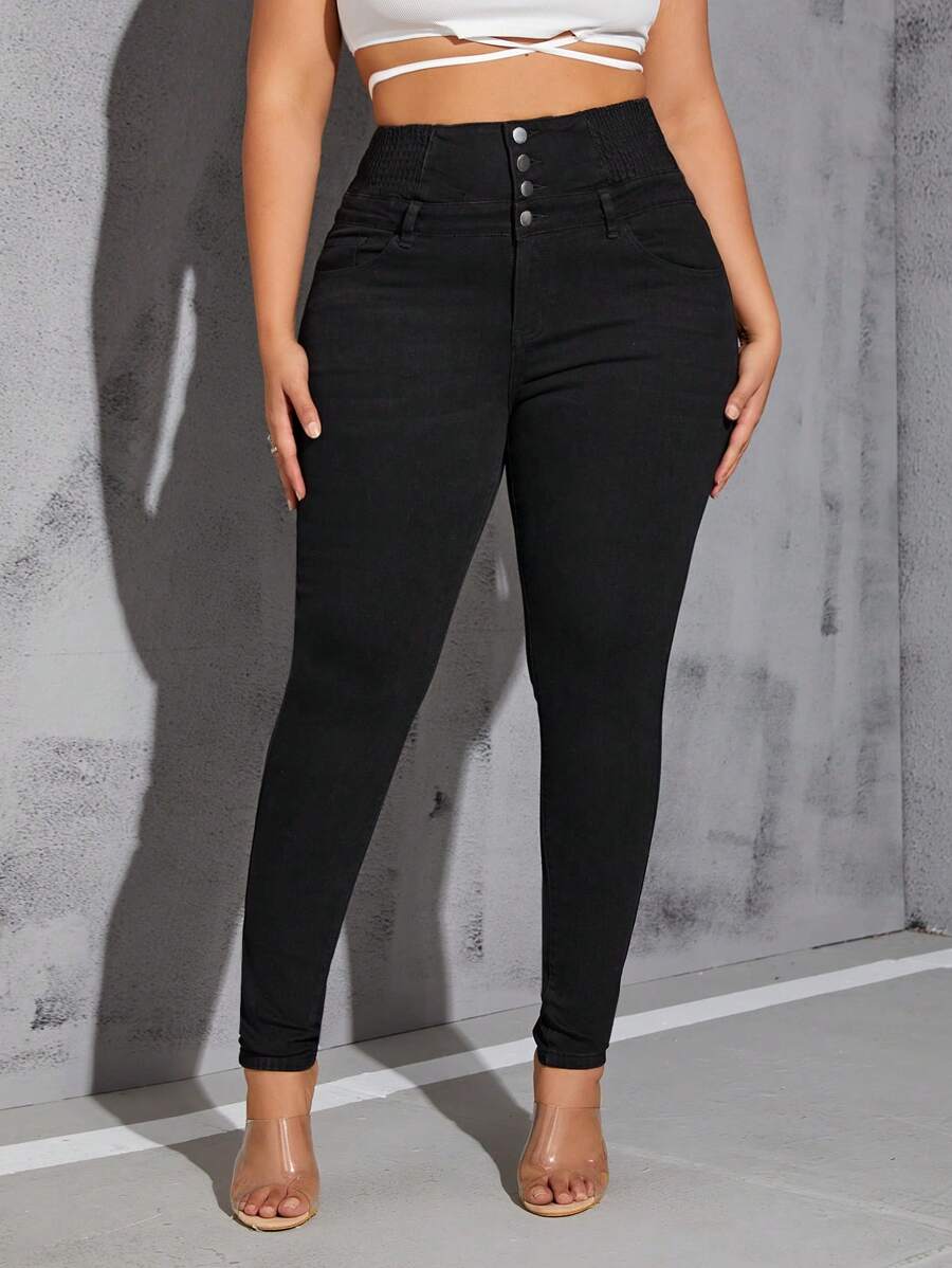 SHEIN SXY Plus Jean Skinny À Bouton - Noir - Voir 1