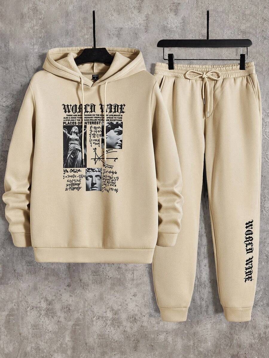 GENTILAND 男士口號及人物圖形束口連帽衛衣和運動長褲 - 白色 - 查看 1