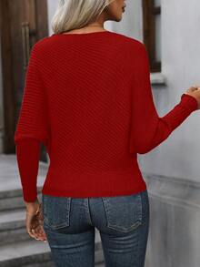 SHEIN Clasi Solid Batwing Sleeve Sweater - Red - View 2