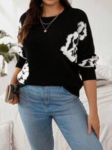 SHEIN LUNE Plus Size Printed Round Neck Pullover Sweater