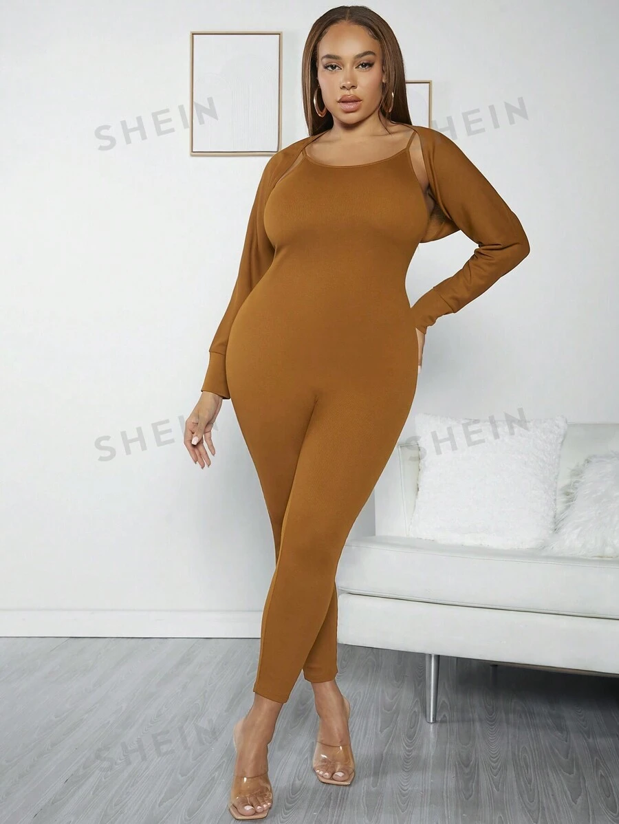 SHEIN SXY Conjunto De Mono Y Chal Con Tirantes Finos Para Mujer Talla Grande