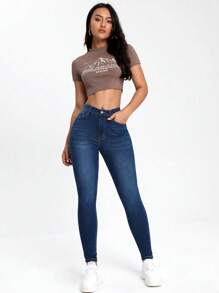 SHEIN Essnce 拉絲織物保暖斜口袋緊身牛仔褲 - 藍色 - 查看 5