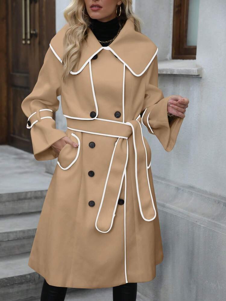 Color-block Plaid Edged Woolen Coat With Double-breasted Front And Waist Belt