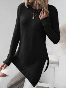 SHEIN Solid Color Asymmetrical Hem Drop Shoulder Sweater,Long Sleeve Tops Knit Pullover Fall Winter Sweater - Black - View 3