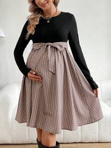 SHEIN Maternity Stylish Patchwork Long Sleeve Dress - Multicolor - View 4