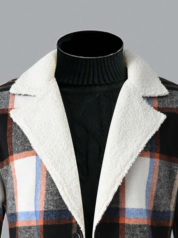Men's Plaid Thermal Lined Woolen Coat With Collar And Buttons