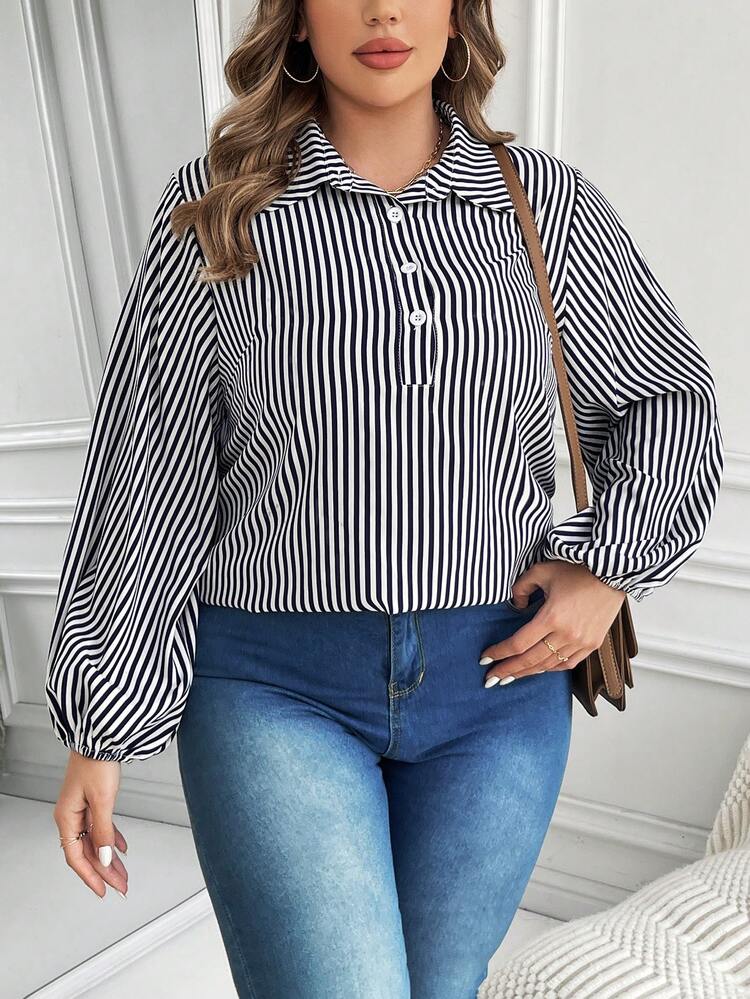 Women's Plus Size Striped Lantern Sleeve Shirt