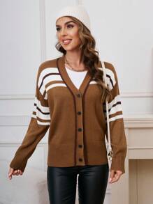 EMERY ROSE 顏色拼接長袖針織開衫 - 棕色 - 查看 6