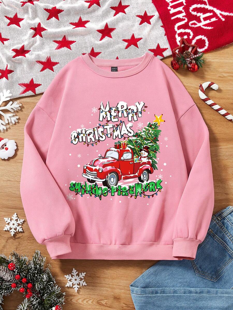 SHEIN LUNE Sudadera Con Capucha De Forro Polar Impresa De Navidad Para Mujer - Rosa Pálido - Ver 1