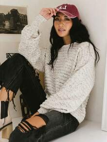 Marled Knit Drop Shoulder Sweater - White - View 1