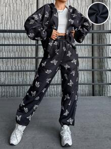 SHEIN Cottnline Butterfly Print Drop Shoulder Hoodie & Sweatpants - Black - View 1